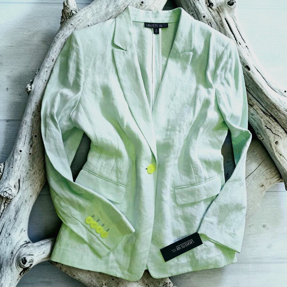 Lafayette 148 New York 100% Linen Blazer Size 10 Surf Icy Mint Blue Green NWT